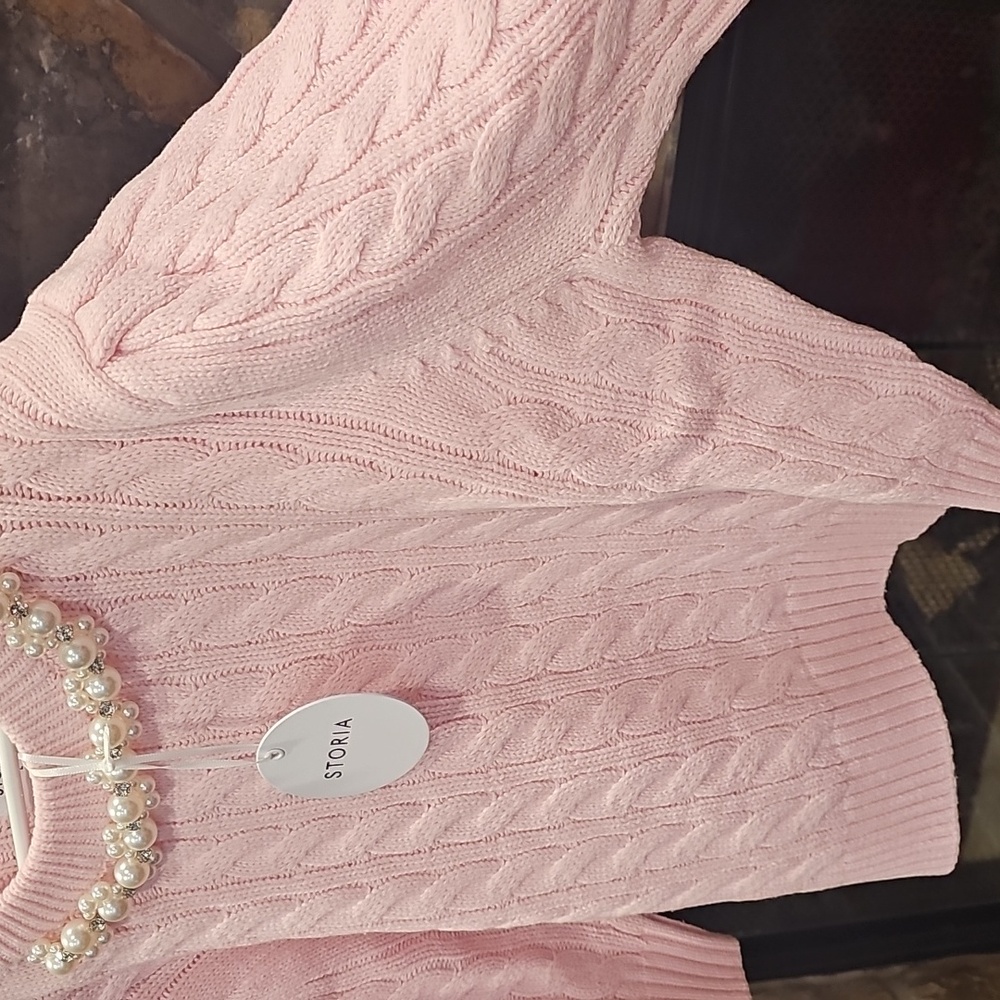 NWT Pearls on Pink Cable Crop Sweater L - Picture 5 of 6